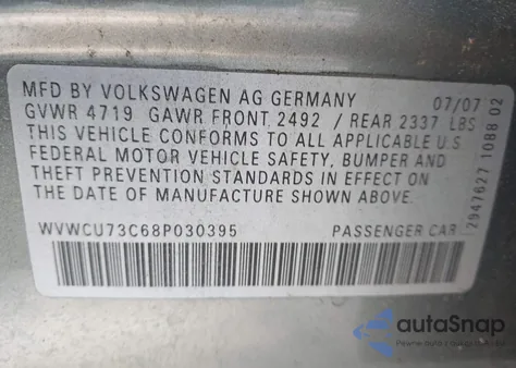 2008 Volkswagen Passat Vr6 из США, поврежденный, VIN WVWCU73C68P030395